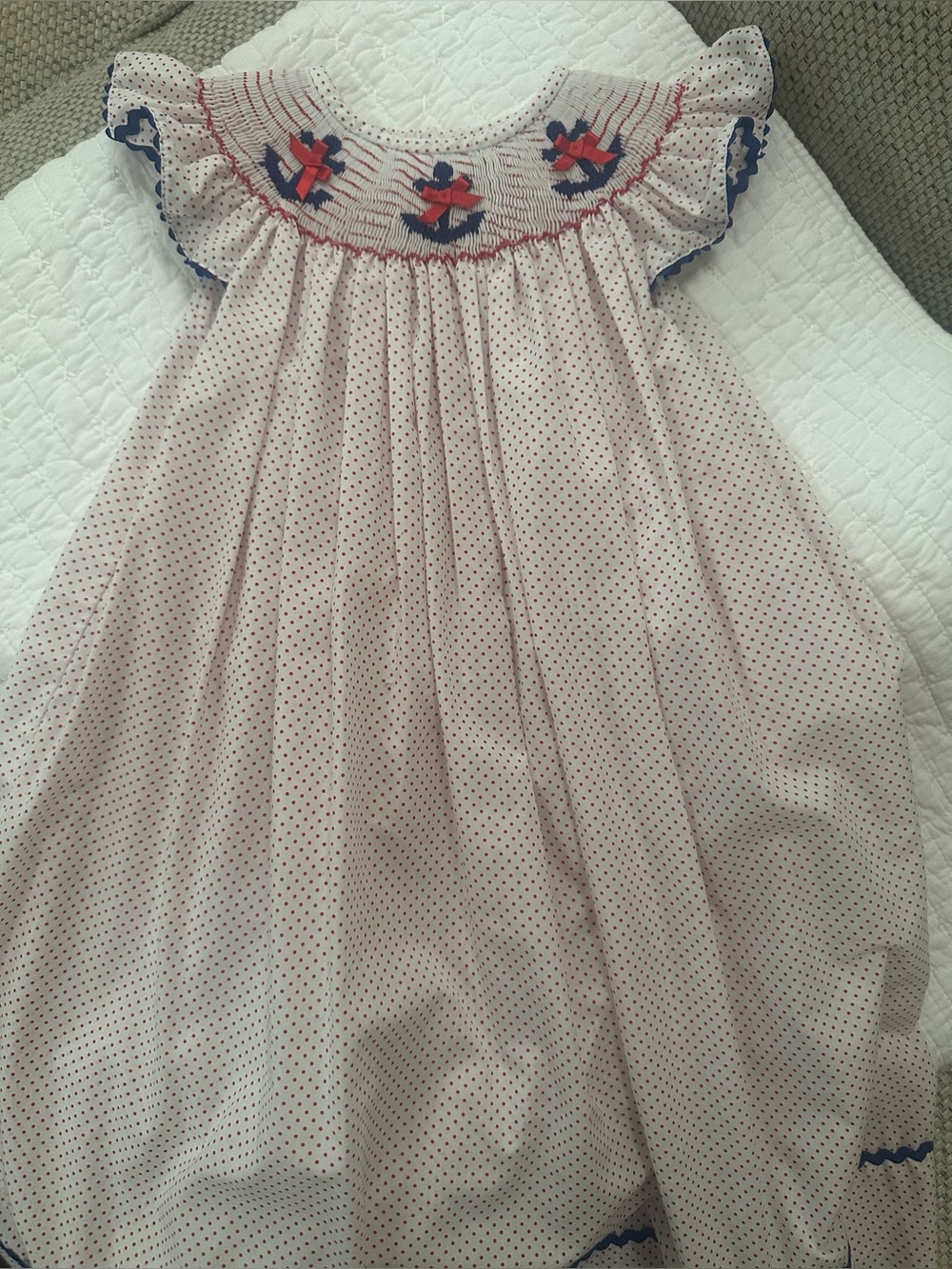 Patriotic red,white and blue Smocked Polka Dot Girls' Dress with anchors. 4T